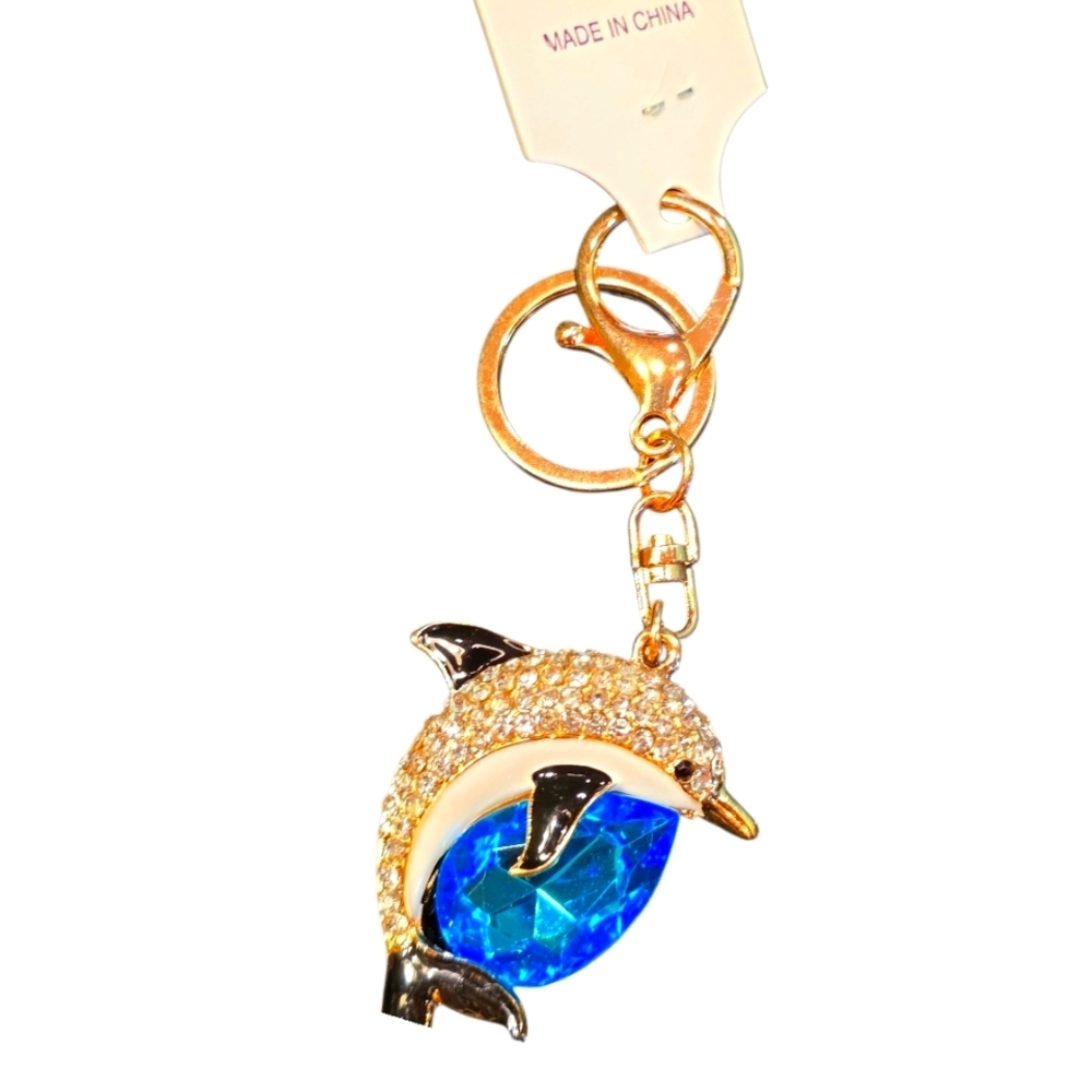 Fashion Brand Blue and Gold Rhinestone Crystal Dolphin Purse Charm